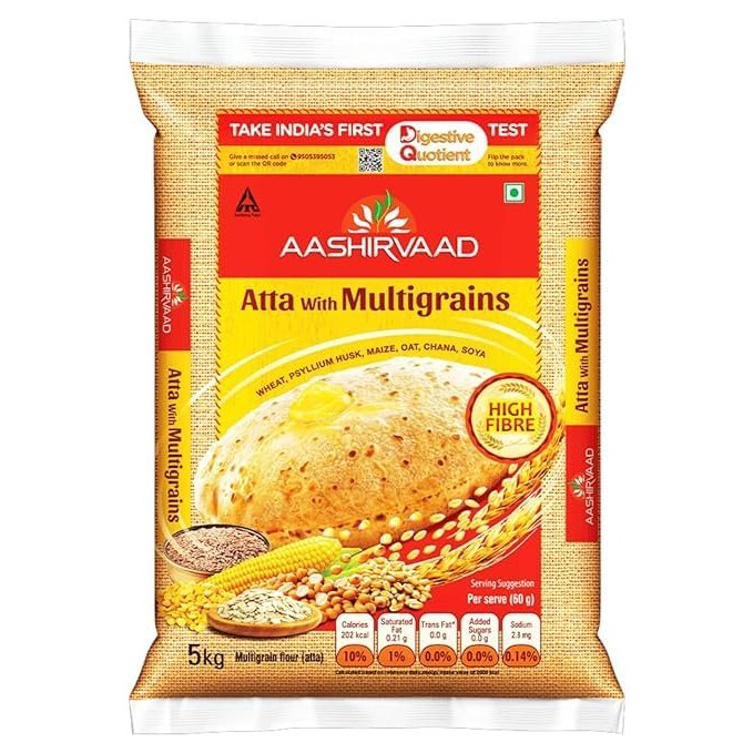 Aashirvaad Atta with Multigrains, 5kg pack | High Fibre & High Protein Multigrain Atta | 6 Natural Grains